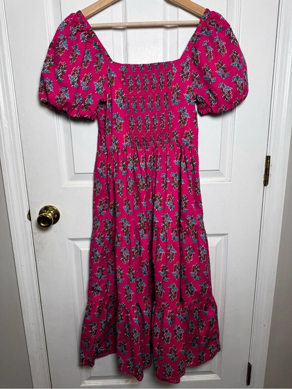 J.Crew Pink Floral Puff Sleeve Smocked Midi Dress Cotton Size 4 Cottagecore